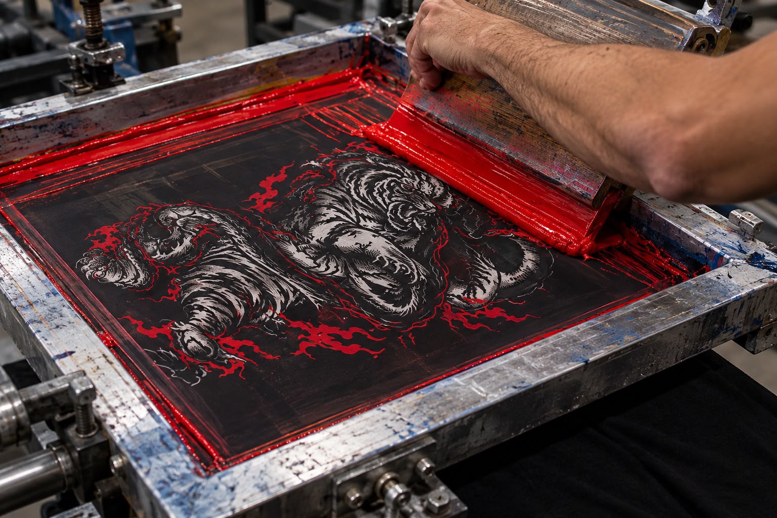 Estampa de tigre sendo aplicada em serigrafia com tinta vermelha